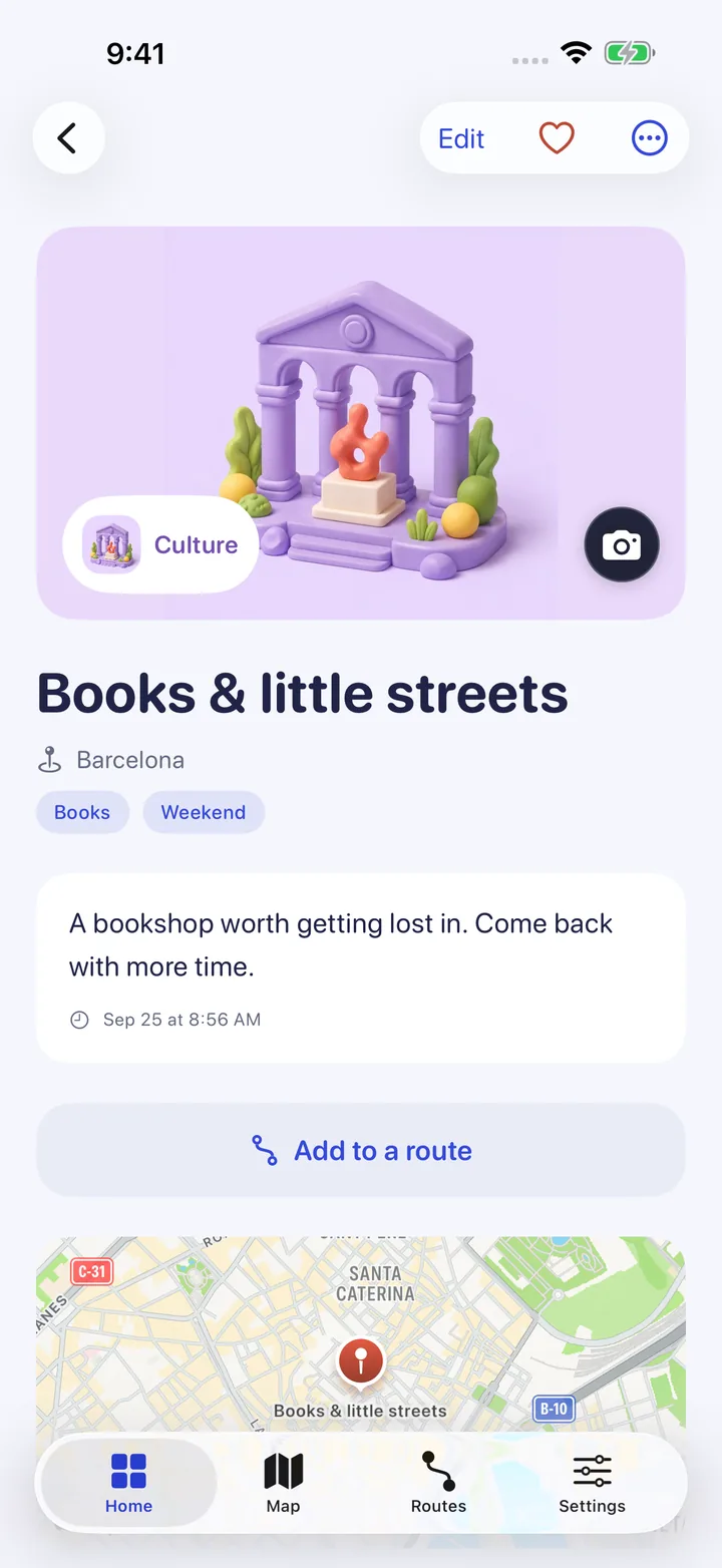 Current Rinli place detail screen in English, showing a saved bookshop, its note and tags
